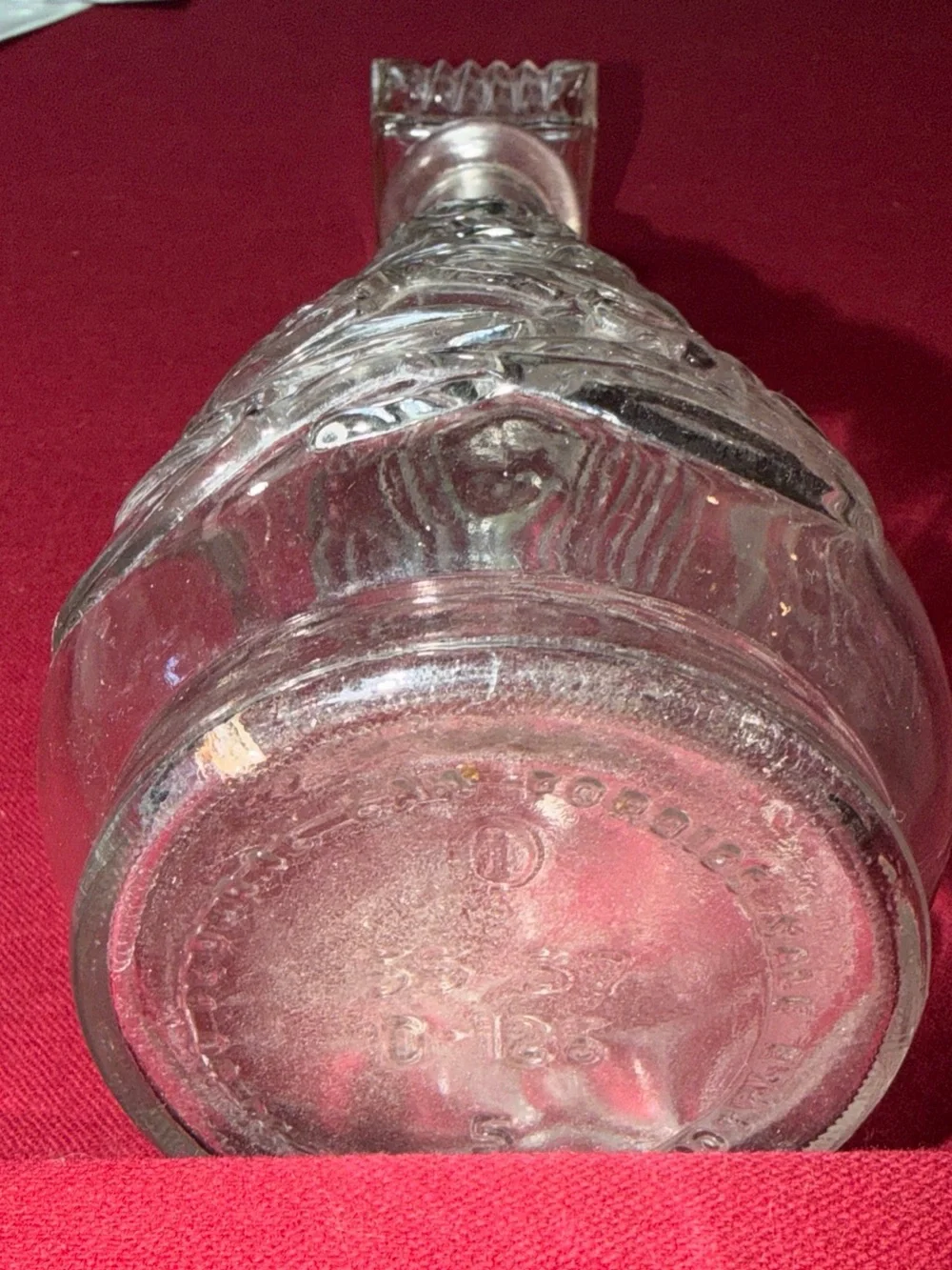 1950s clear GLASS Decanter Wine BOTTLE Embossed Cabbage ROSES 13” & Stopper SET